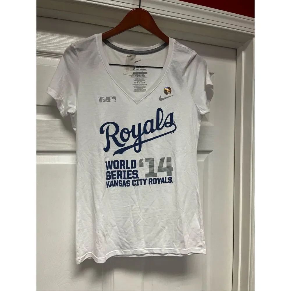 Nike Kansas City Royals White World Series ‘14 V-Neck T-Shirt Sz L NWT